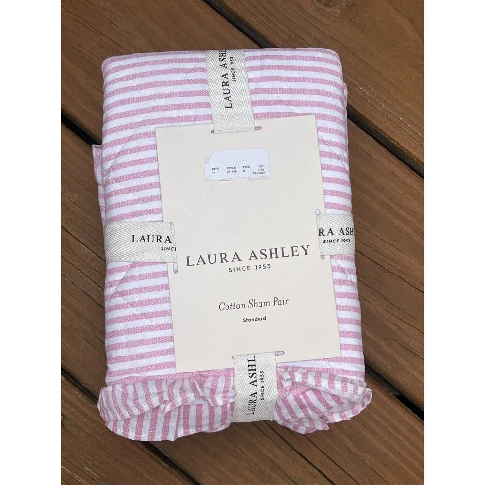 Laura Ashley Oxford Stripe Pink Cotton Sham Pair Standard Pillow Ruffle Trim New